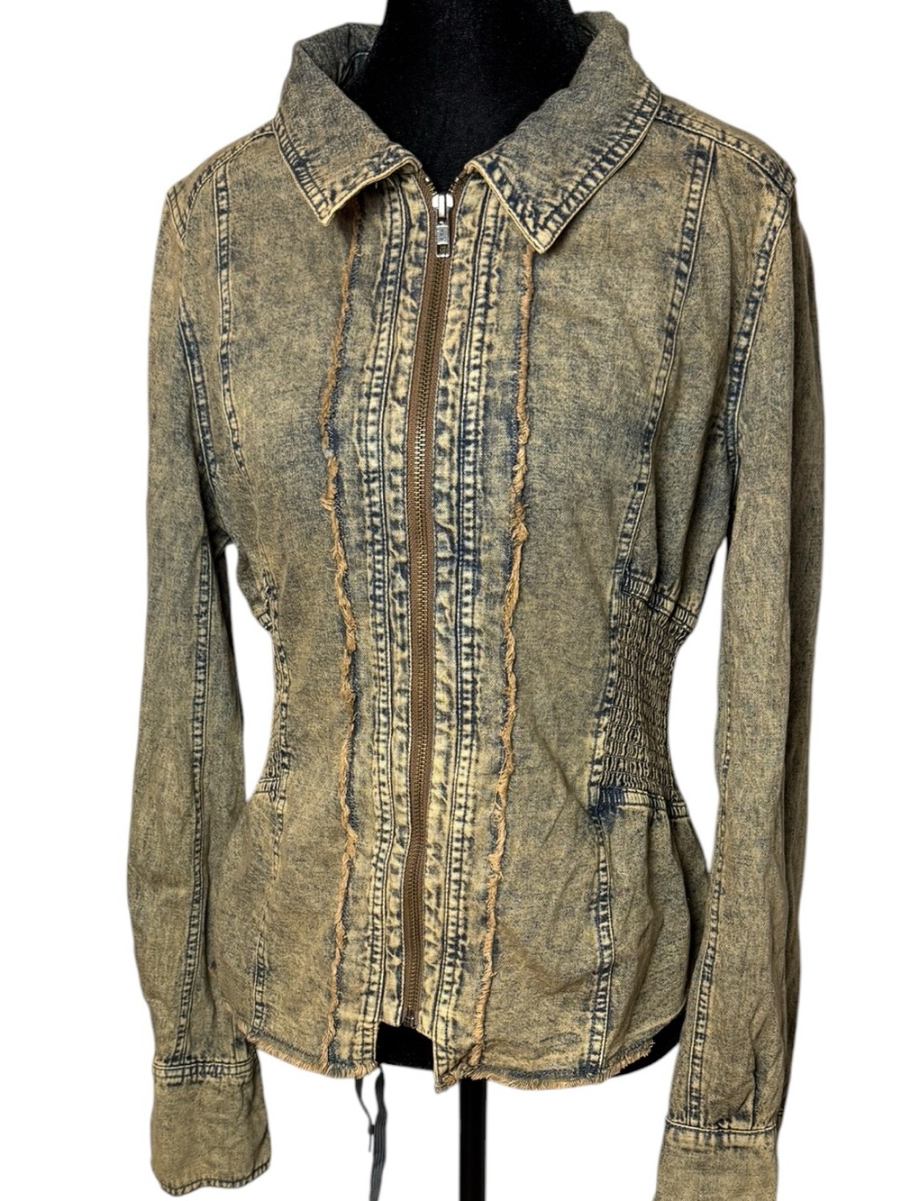 Free People We The Free Zip It Up Denim Jacket Acid Wash Distressed Large - Picture 3 of 11